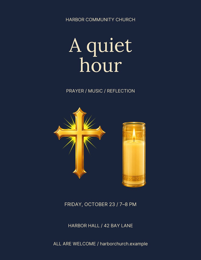 Portrait church flyer with a gold cross, lit candle, and quiet hour event text on a dark background.