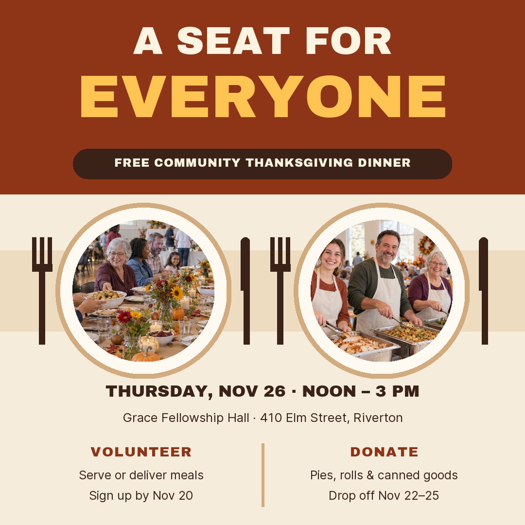 Square Thanksgiving dinner poster with two circular meal photos, volunteer and donate sections, and event details.