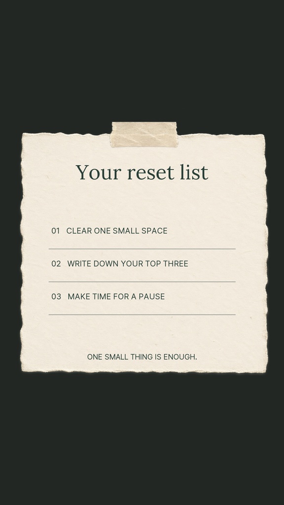 Minimalist Instagram story design with the text Your reset list and a three-step checklist on paper texture.