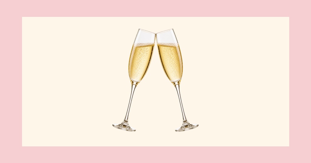 Two champagne flutes toasting on a soft pink background with a cream center panel.