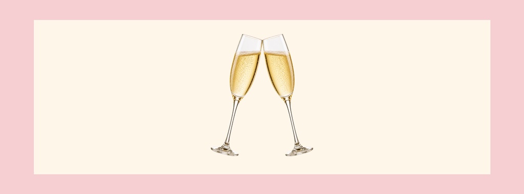 Two champagne flutes clinking on a cream background with a pink border