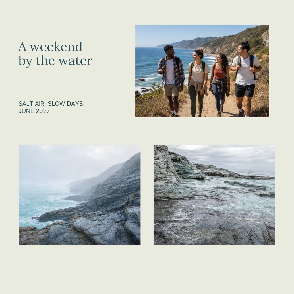 Square collage with coastal photos, a beach scene, and the title A Weekend by the Water.