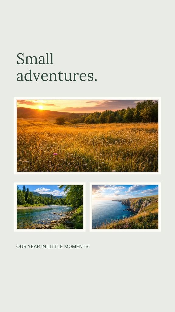 Minimal photo collage template with three landscape photos and the text Small adventures.
