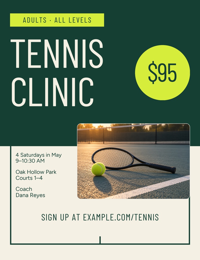 Portrait tennis clinic flyer with a tennis ball, racket, schedule details, and price circle.