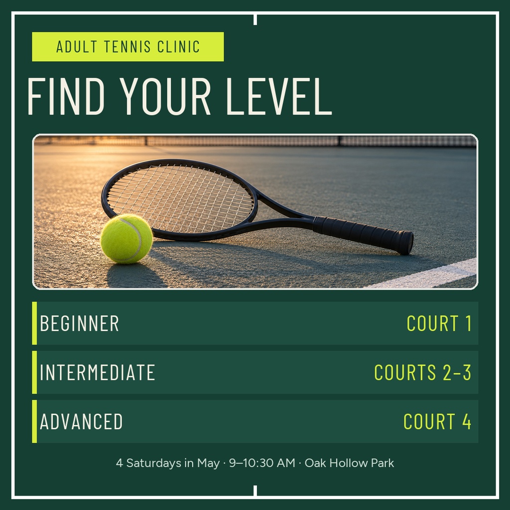 Square tennis clinic post with racket, tennis ball, and level listings for beginners, intermediate, and advanced players.