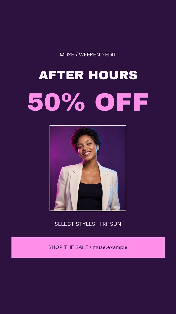 Pink and purple Instagram story template with 50% off sale text and a portrait photo.