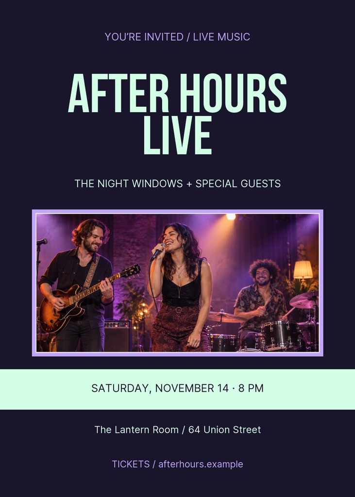 Portrait invitation with After Hours Live text and a band photo under purple and mint accents.