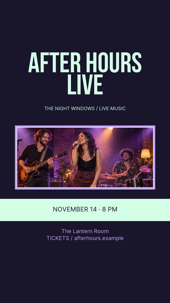 Portrait Instagram story design with the title After Hours Live and a concert photo below