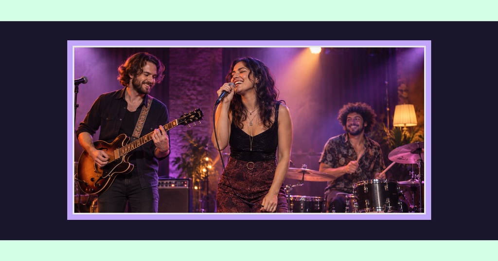 Live band performing on stage with singer, guitarist, and drummer under purple lighting.