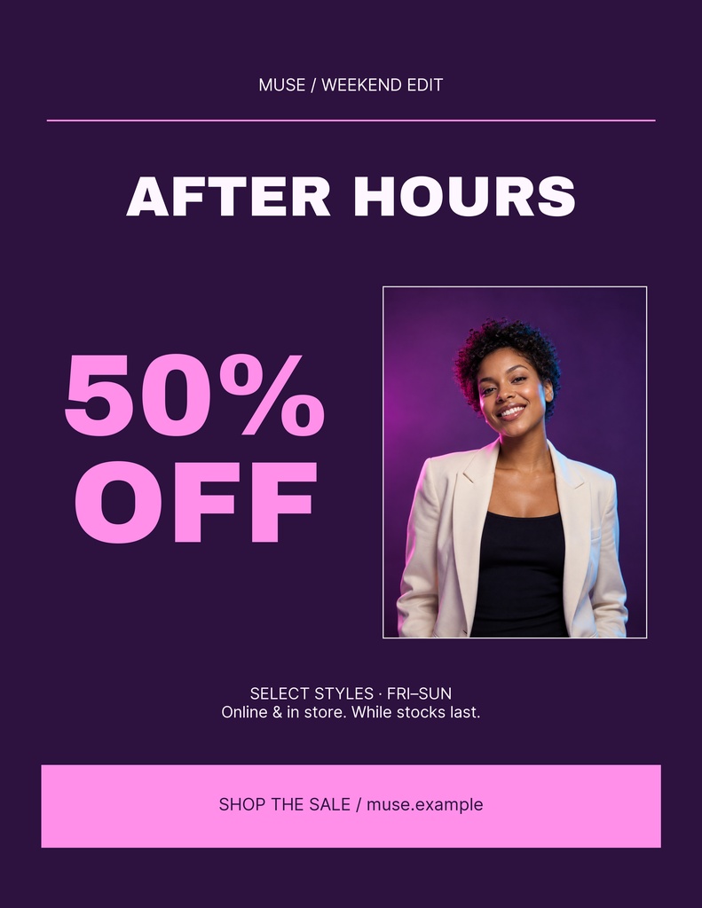 Portrait flyer with dark purple background, pink 50% off text, and a smiling model photo.