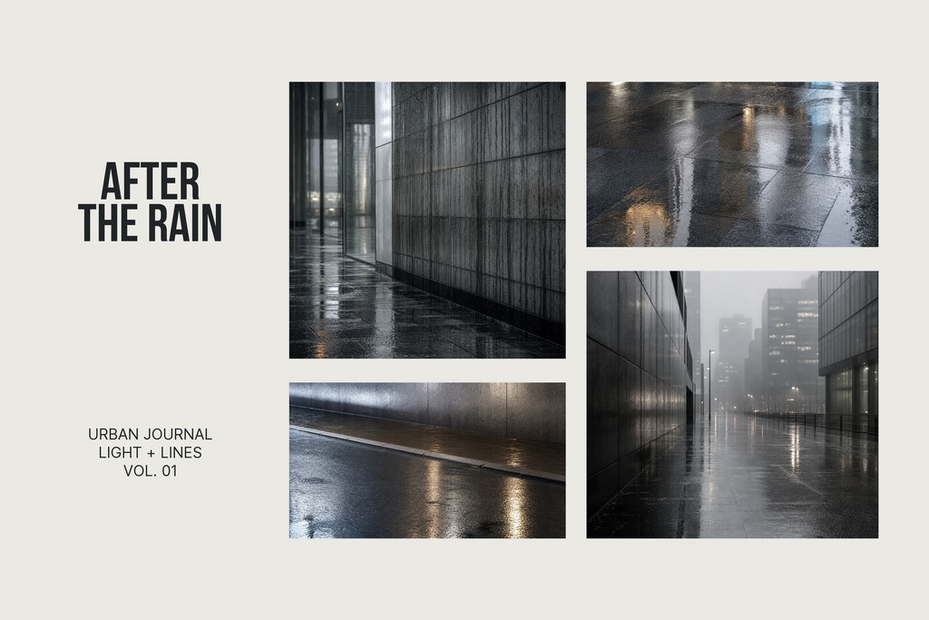 Four-panel monochrome collage of rainy urban streets with the words After the Rain.