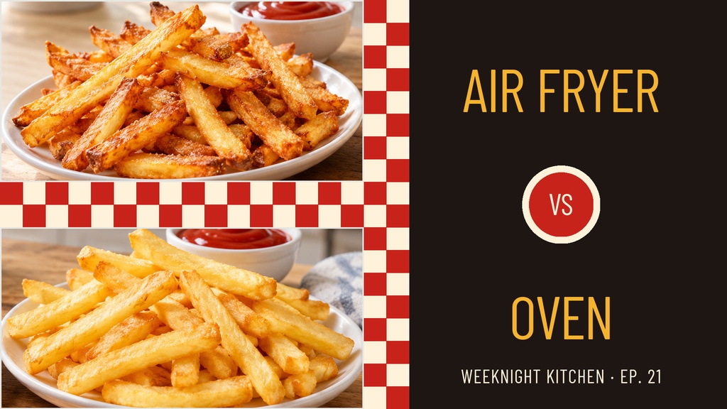 Landscape title card showing air fryer fries and oven fries with bold text on a dark panel.