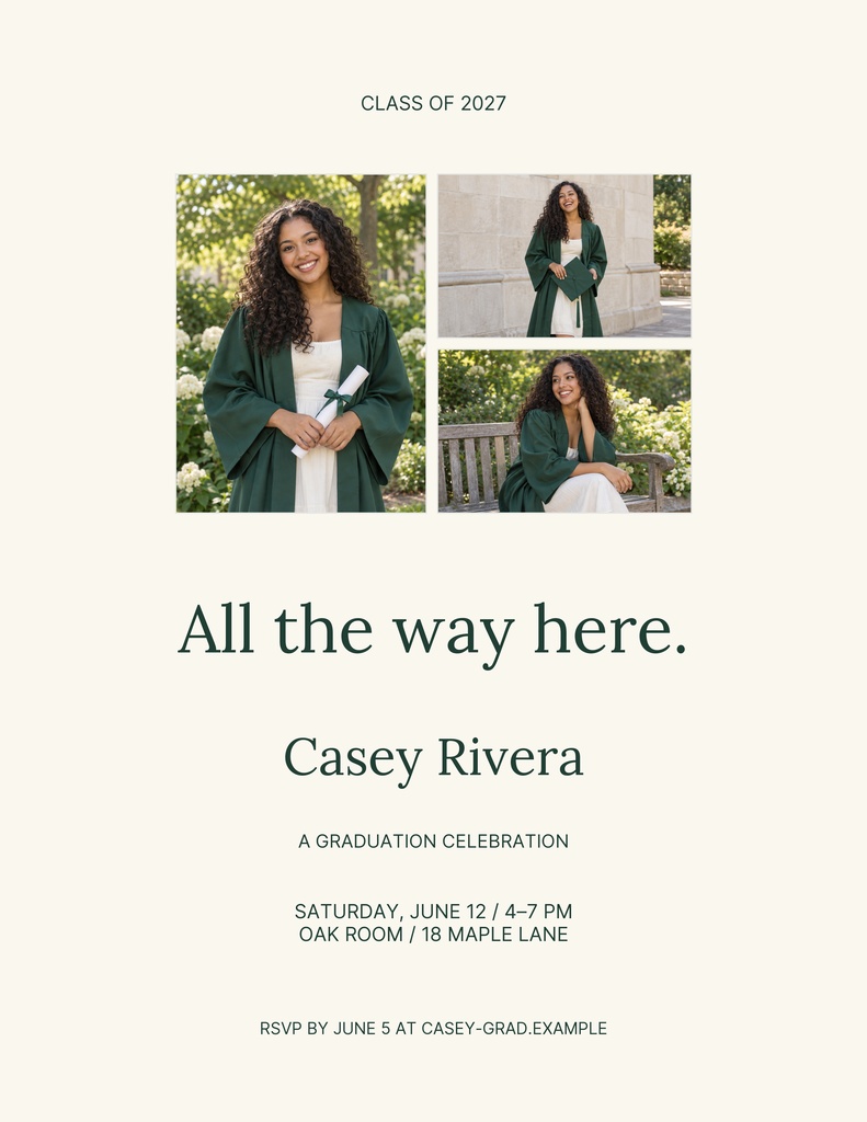 Graduation flyer with three senior portraits, class of 2027 text, and event details.