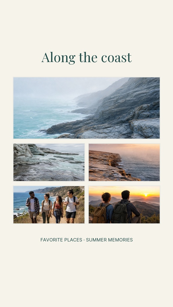 Portrait collage story template with coast photos, a seaside cliff, and friends at sunset