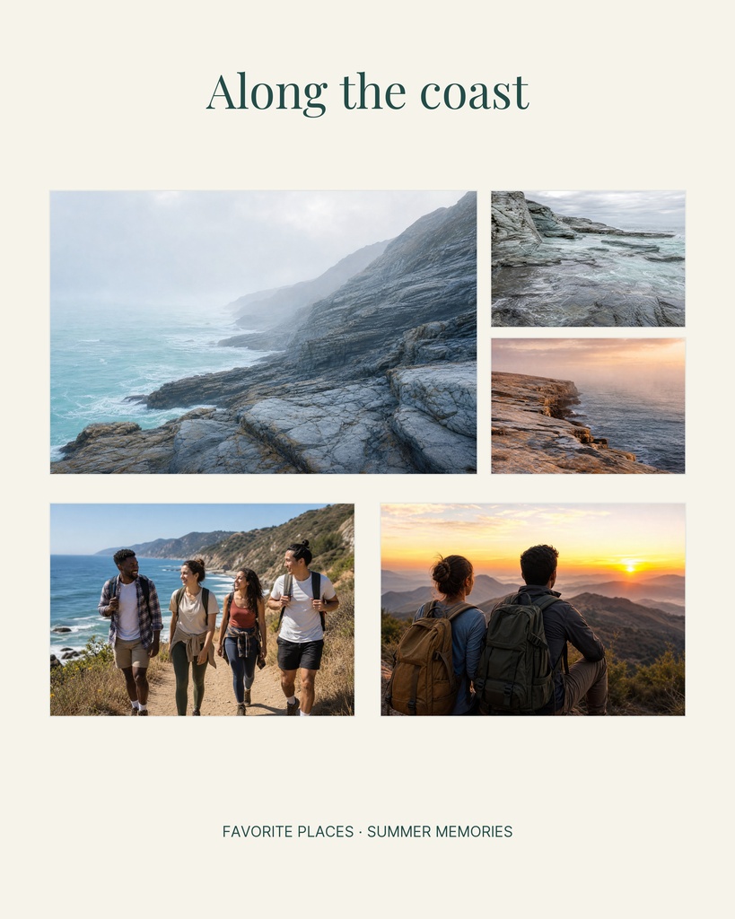 Scrapbook page layout with coastal landscape photos and two hikers at sunset