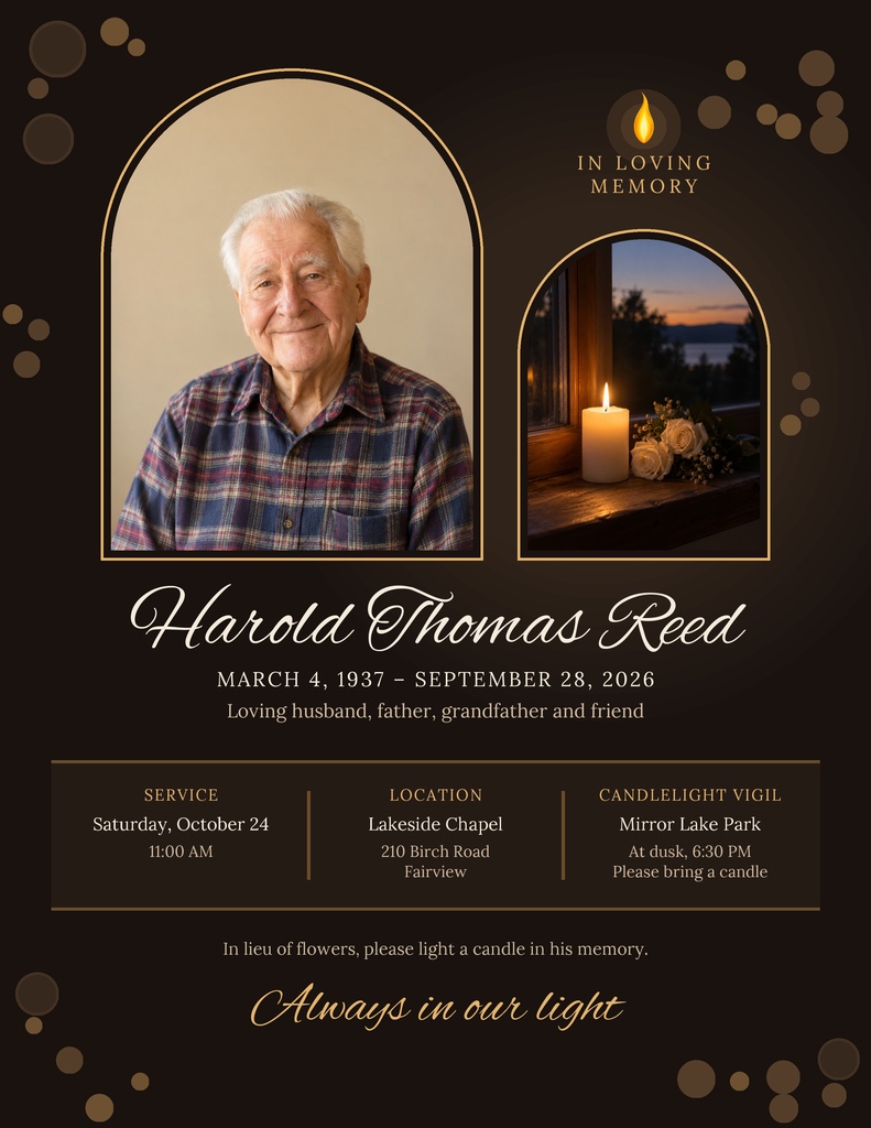 Memorial flyer with portrait photo, candlelight image, and service details on a dark background