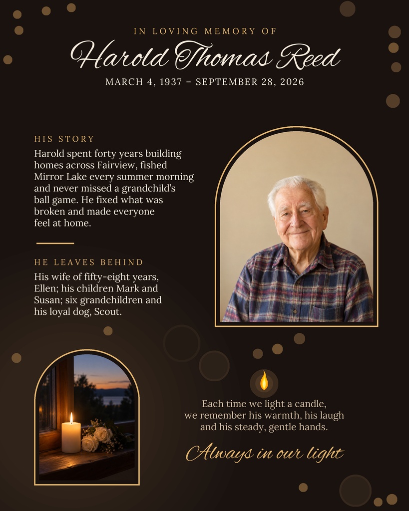 Memorial tribute page with portrait, candle image, and gold text on dark background
