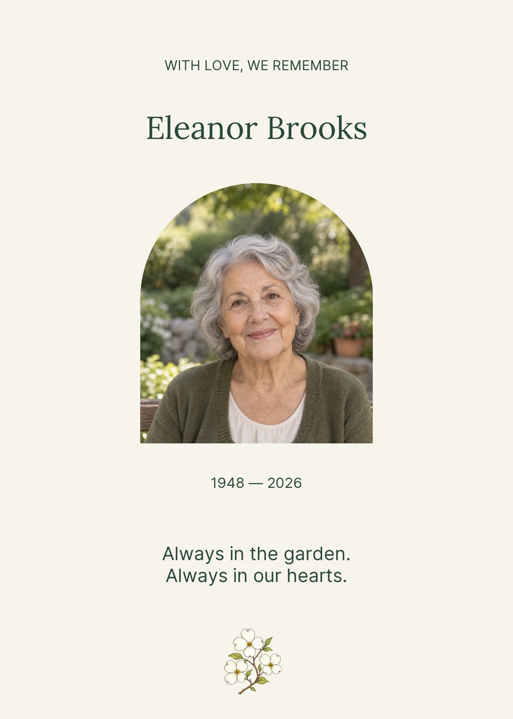 Minimal remembrance card with a portrait, name, dates, and a small floral illustration.