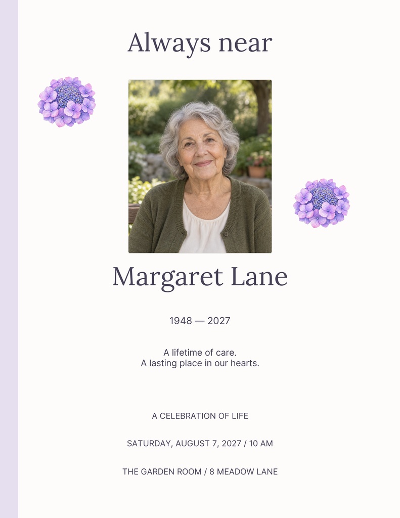 Lavender floral memorial flyer with portrait, name, dates, and remembrance text.