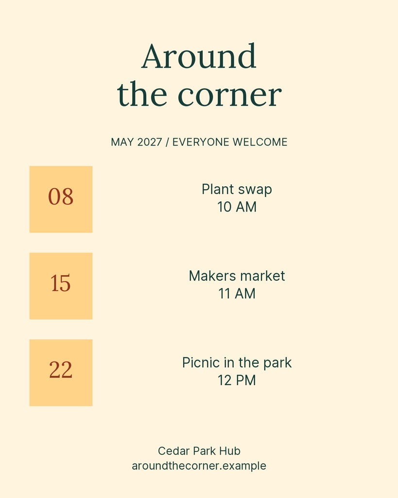Portrait event calendar template with three dated boxes and spring community activities.
