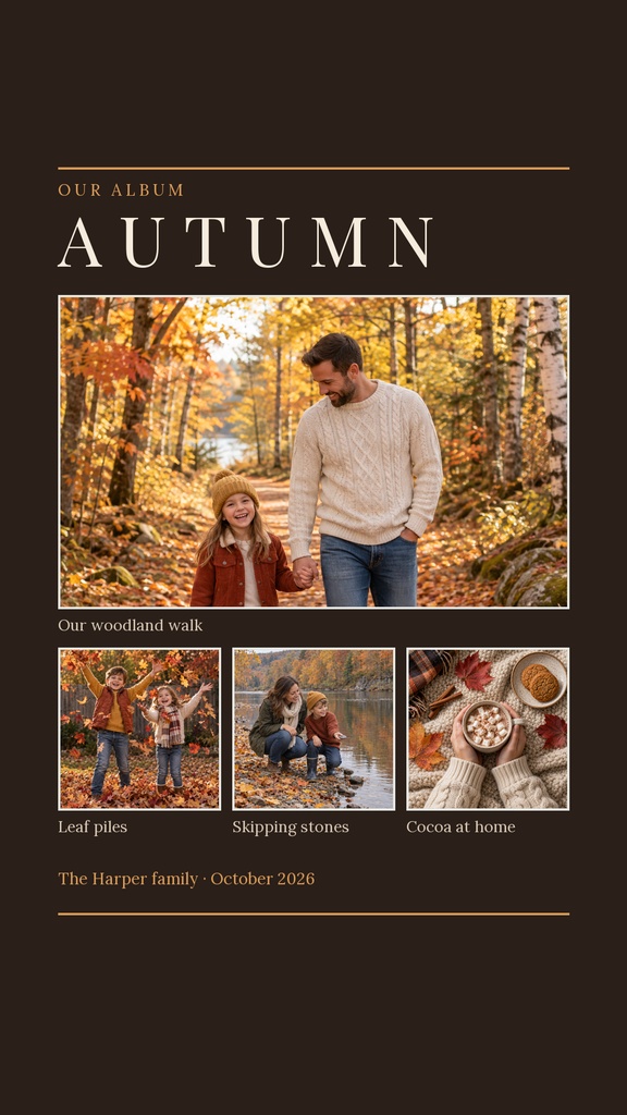 Autumn-themed collage template with a large family photo and three smaller fall photos on a dark background.