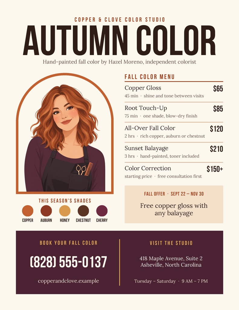 Portrait salon flyer with autumn color pricing, a illustrated woman, and fall-themed service details