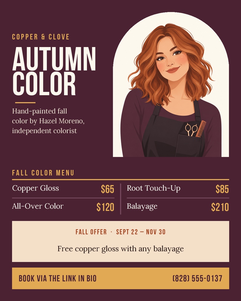 Portrait poster with a red-haired stylist illustration, fall color menu, prices, and booking details.