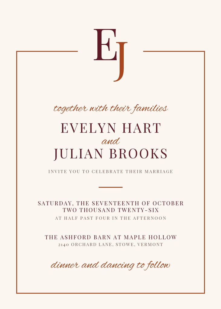 Portrait wedding invitation with burgundy monogram initials, thin border, and centered text on a light background.