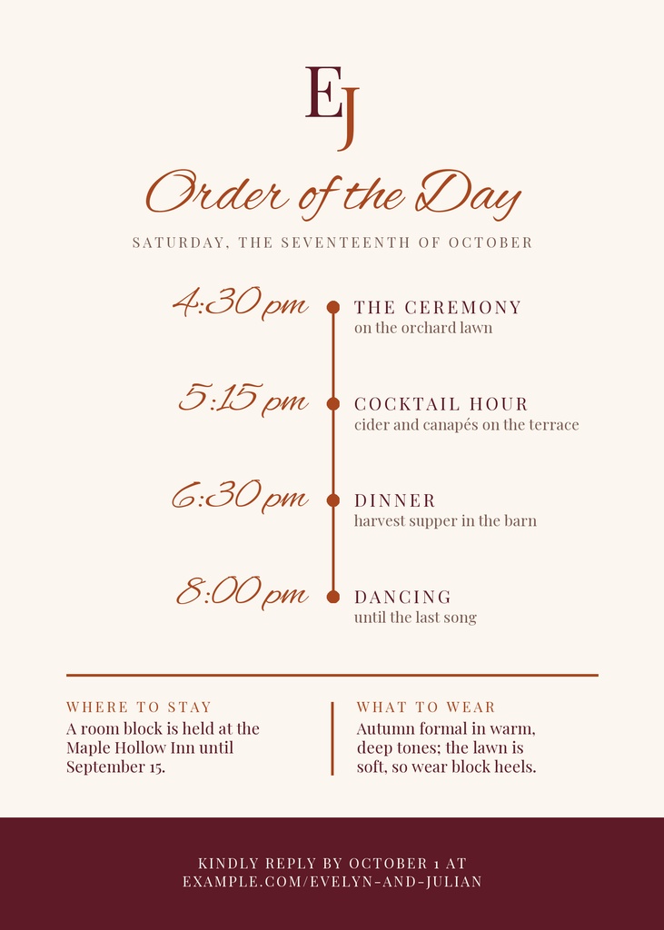 Portrait wedding details card with burgundy monogram, ceremony timeline, and warm autumn text on a cream background.