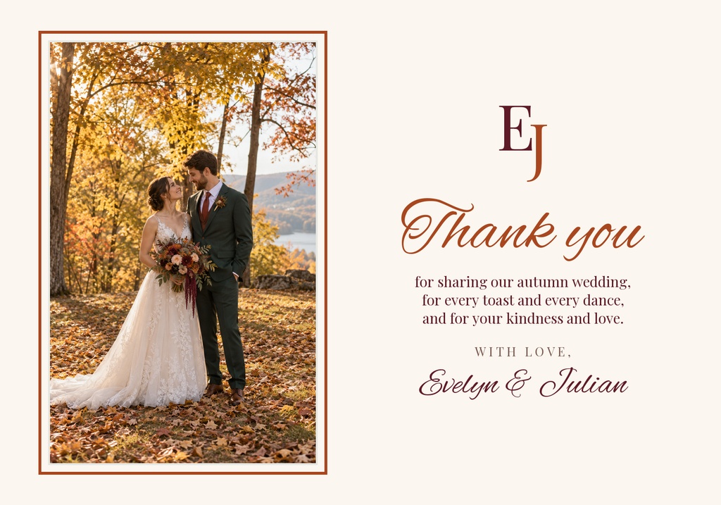 Wedding couple photo on a fall thank you card with burgundy monogram and elegant script text