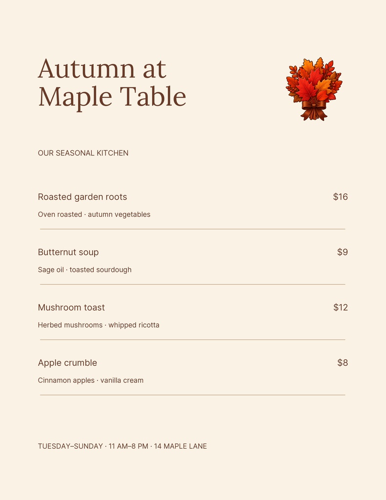Portrait menu template with autumn title, seasonal dishes, prices, and a maple leaf illustration.