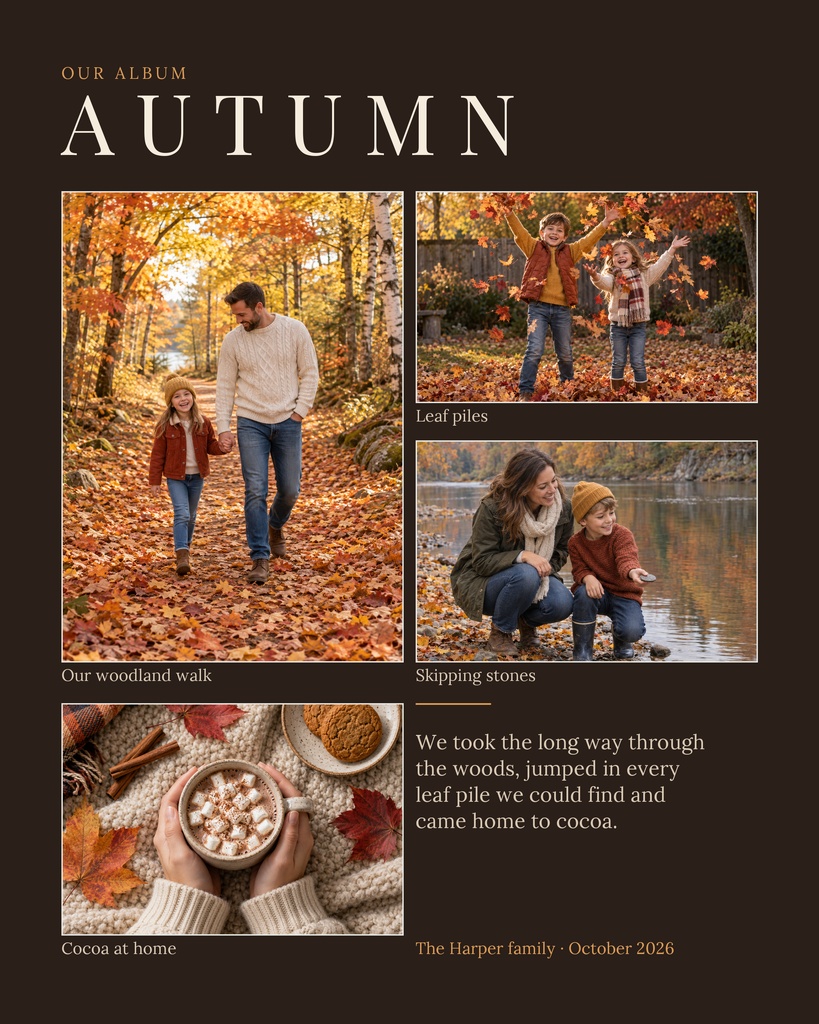 Autumn scrapbook page with three family photos, cocoa image, and warm fall captions on a dark background.