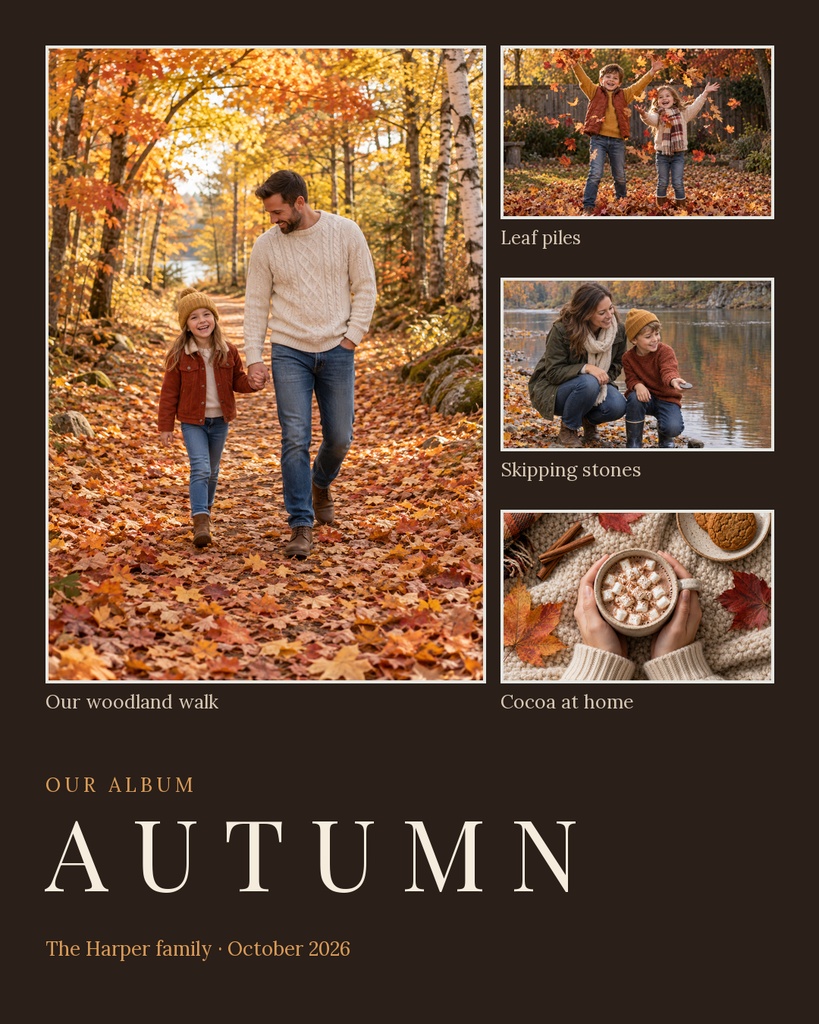 Autumn-themed portrait collage with four photos, leaf colors, and the title Autumn.