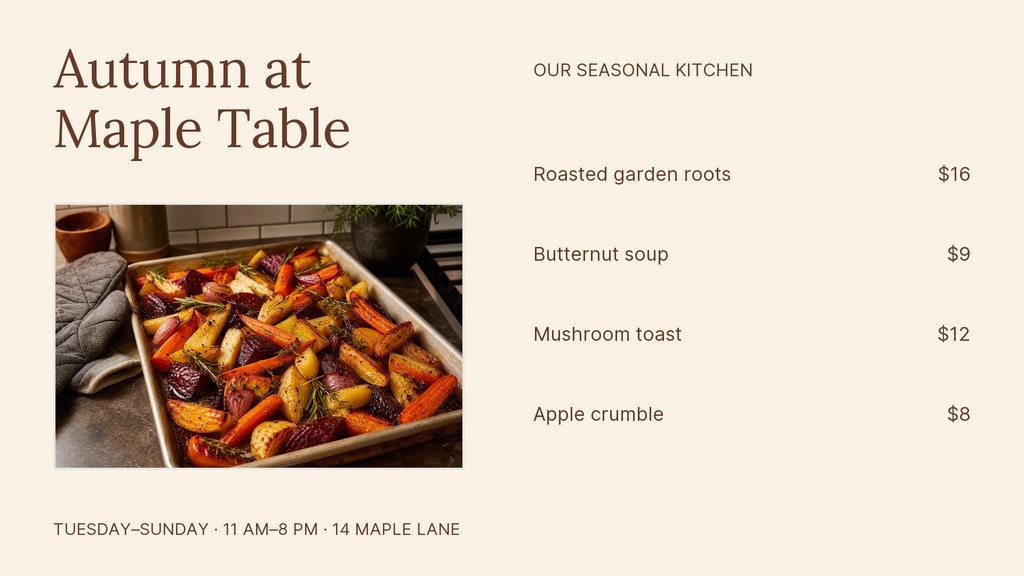 Landscape menu board with autumn meal photo, seasonal heading, and listed dishes with prices.