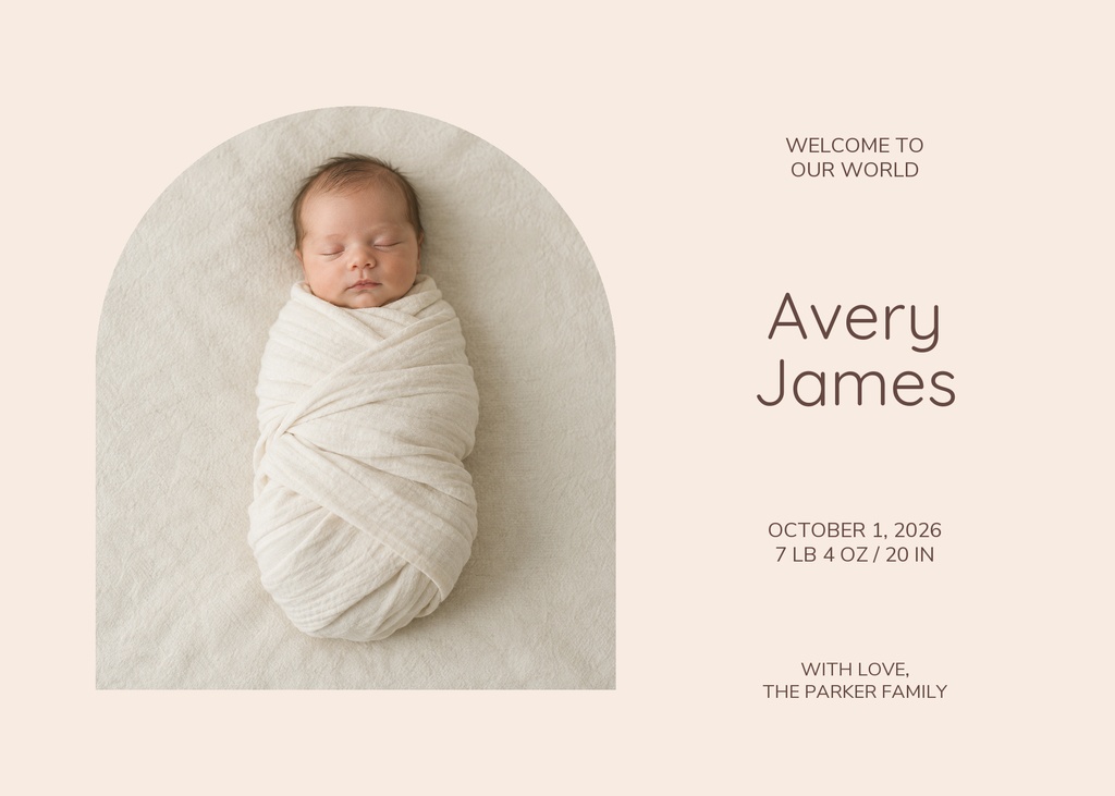 Landscape birth announcement with a sleeping swaddled newborn photo and text for Avery James.