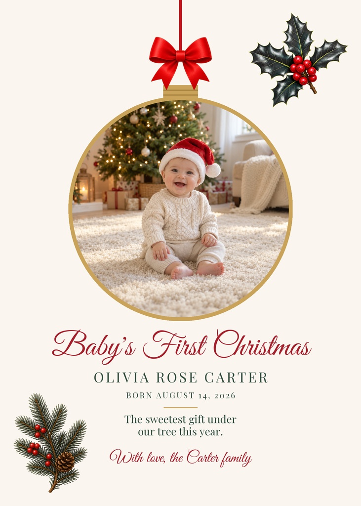 Baby in a Santa hat inside a gold circle with Christmas decorations and announcement text