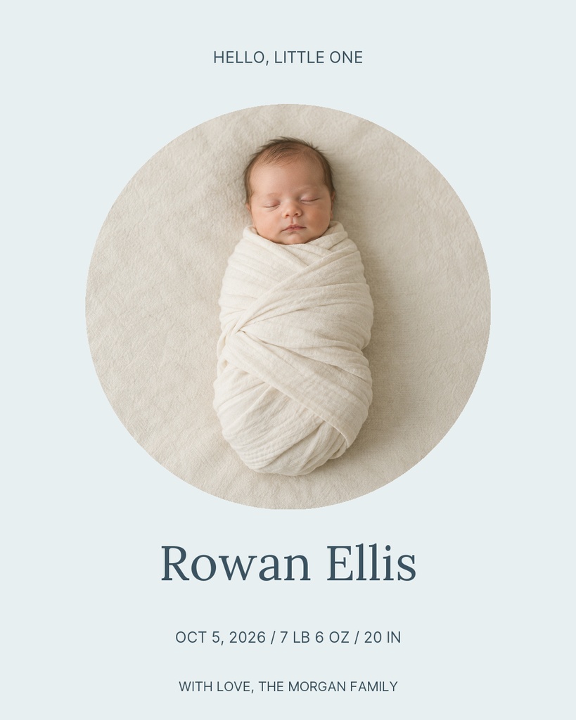 Sleeping newborn wrapped in white blanket inside a circular frame on a pale blue birth announcement card.