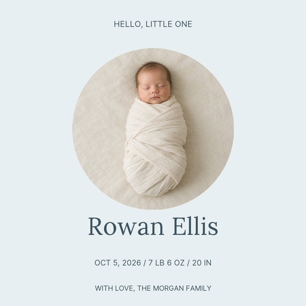 Square baby announcement with a sleeping newborn photo, soft blue background, and Rowan Ellis text.