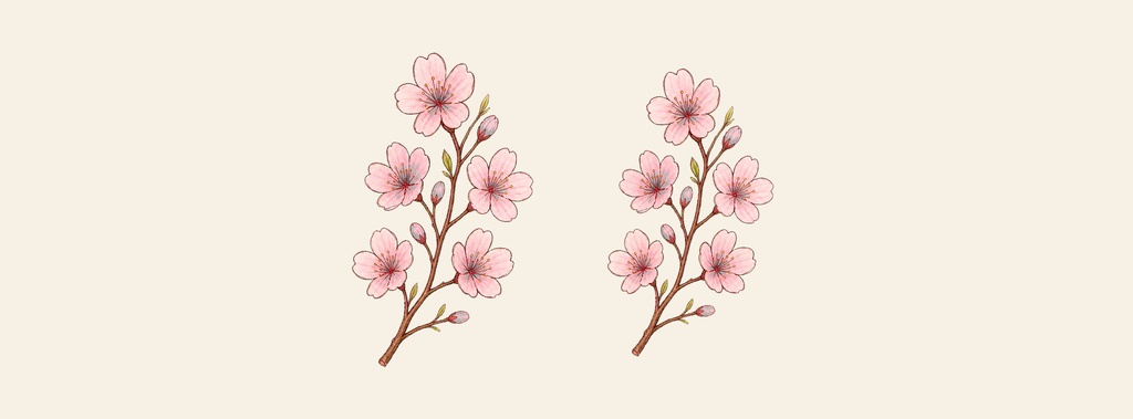 Two pink flowering branches on a light cream background with a simple floral layout