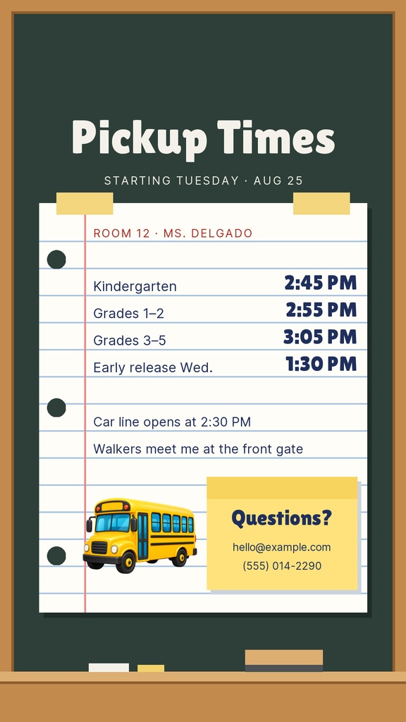 Classroom-style story template with pickup times, reminder notes, and a school bus graphic.