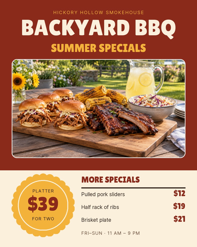 Portrait barbecue specials poster with pulled pork sliders, ribs, brisket, and prices.