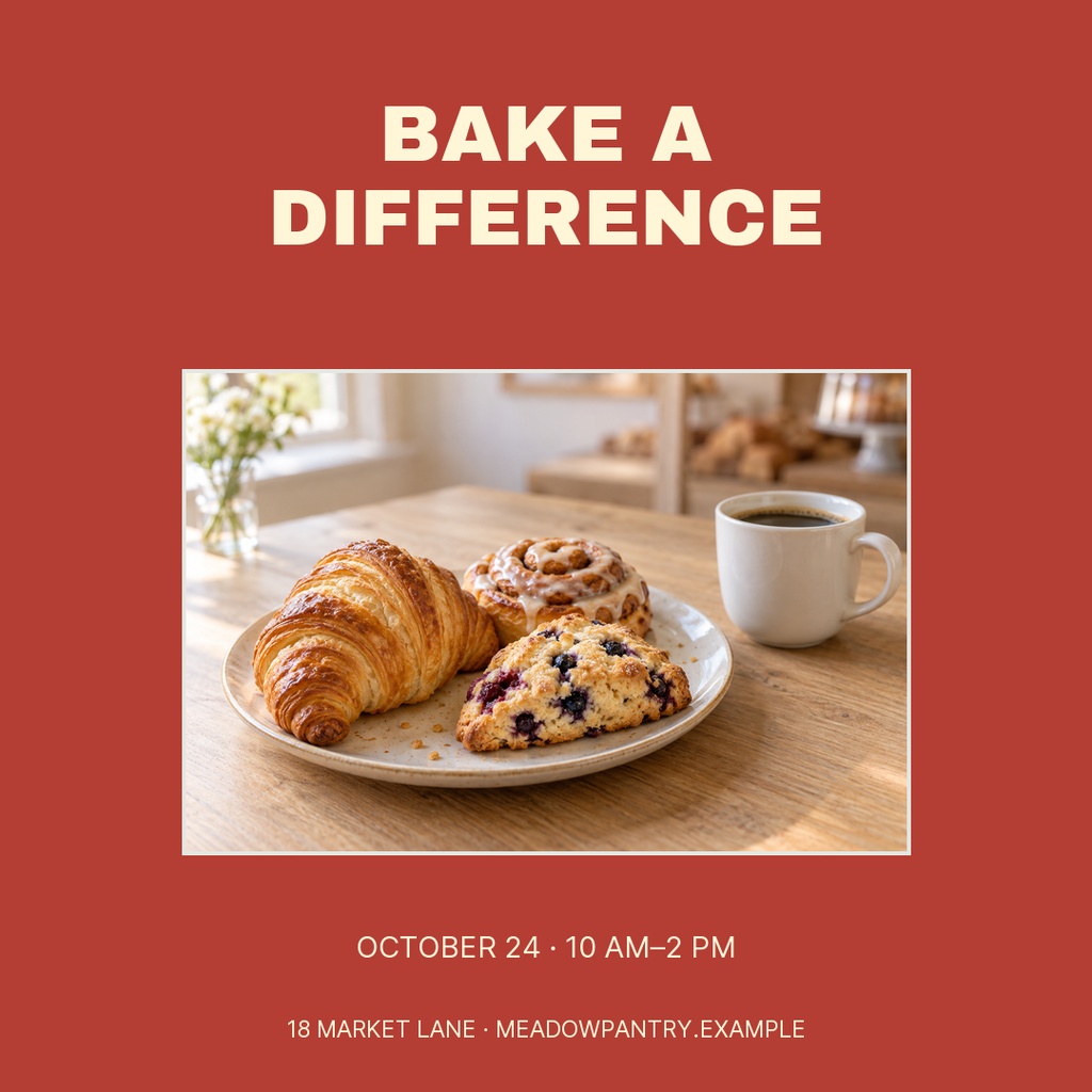 Square fundraiser poster with pastries on a plate, a coffee mug, and the words Bake a Difference.