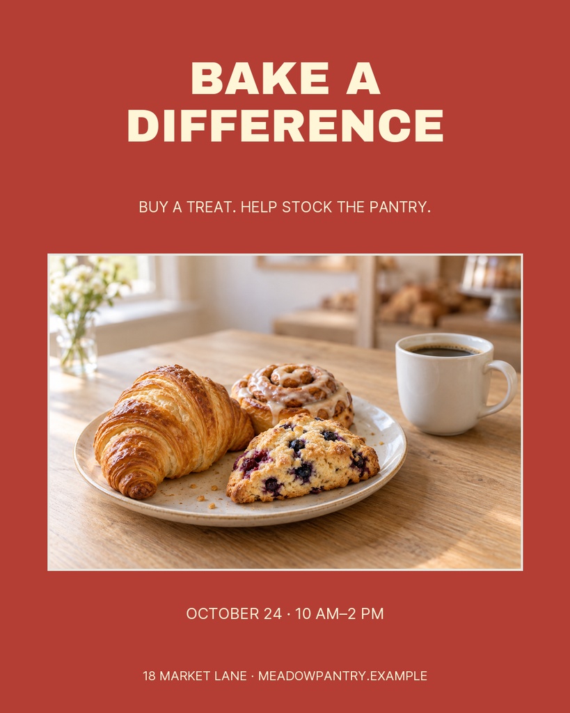 Portrait fundraiser poster with pastries on a plate and coffee on a table.