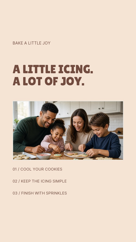 Portrait Instagram story template with family baking cookies and the headline Bake a Little Joy.