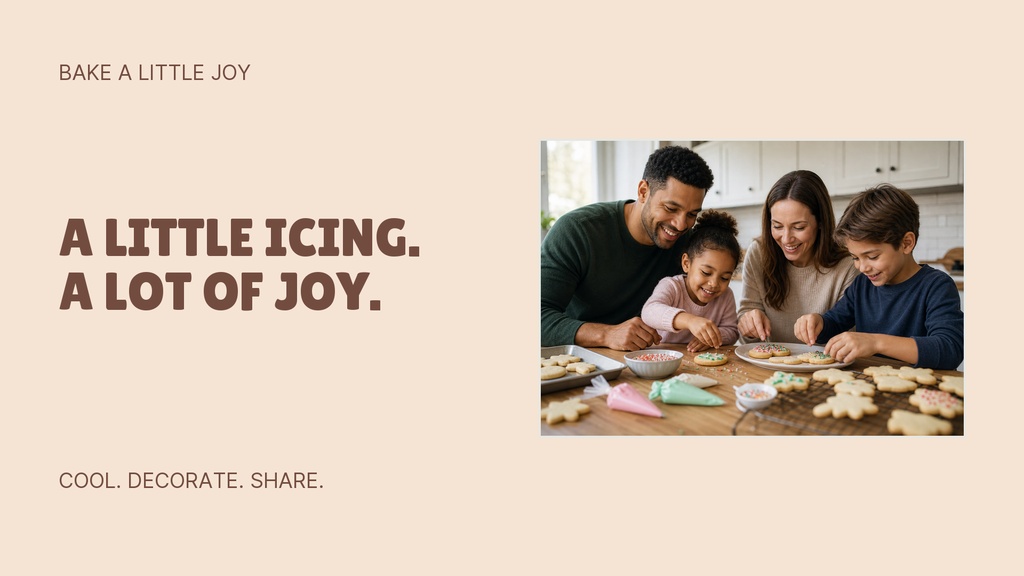 Family decorating cookies together beside frosting bags and baking supplies