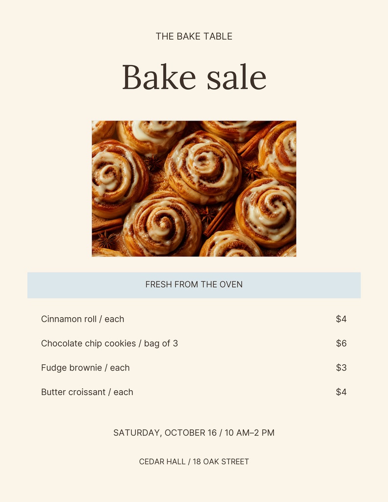 Portrait bake sale menu with cinnamon roll photo, prices, and event details.