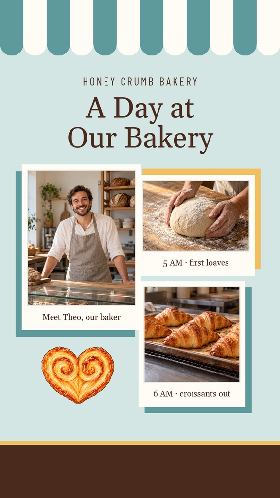 Portrait Instagram story template showing a bakery owner, bread dough, croissants, and a heart-shaped pastry.