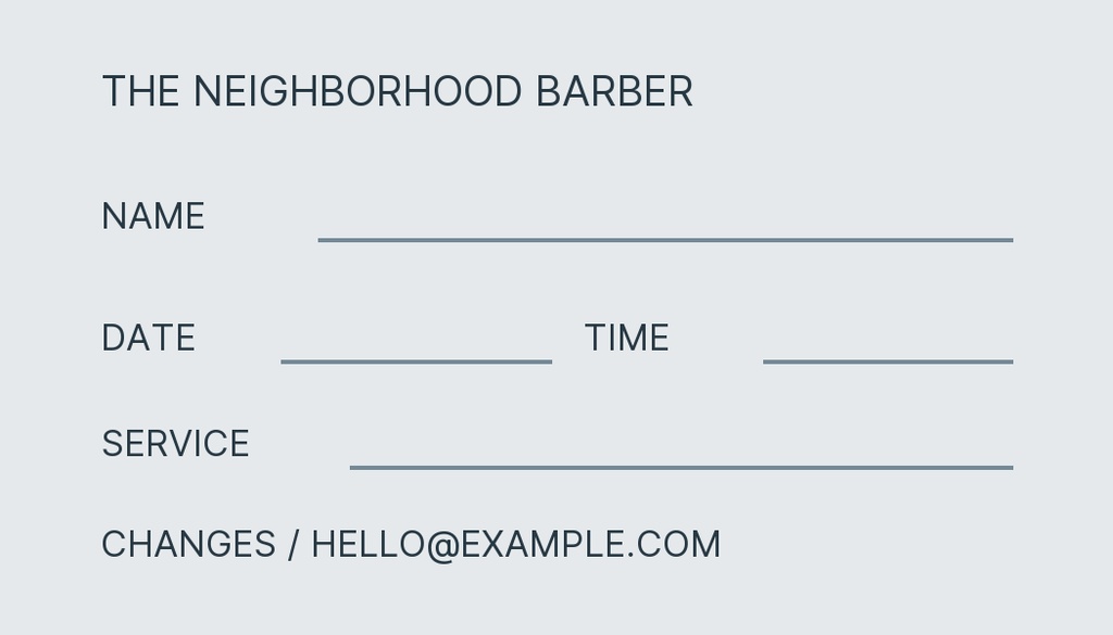 Minimal appointment card layout with fields for name, date, time, service, and contact changes.
