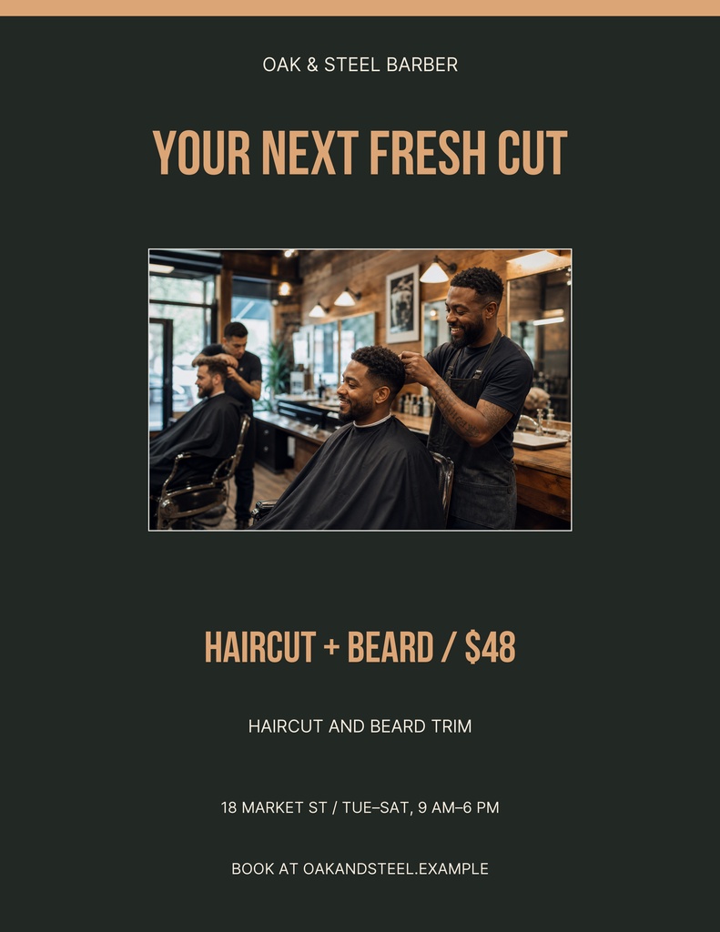 Portrait barber flyer with headline, haircut price, service details, and a barber shop photo.