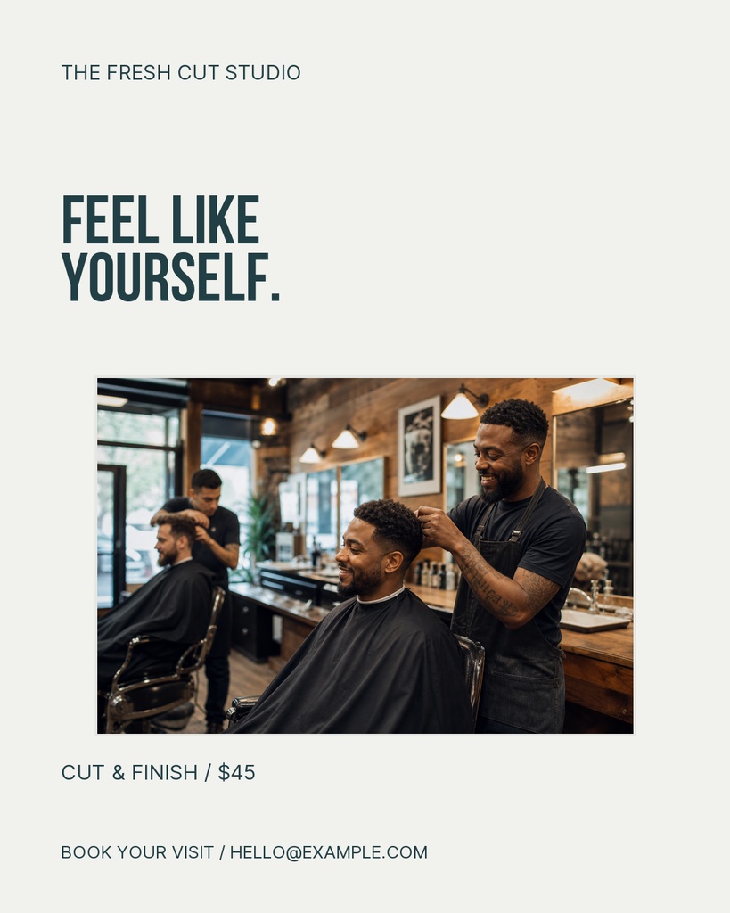 Barber shop portrait post with a haircut photo, bold headline, and booking details.